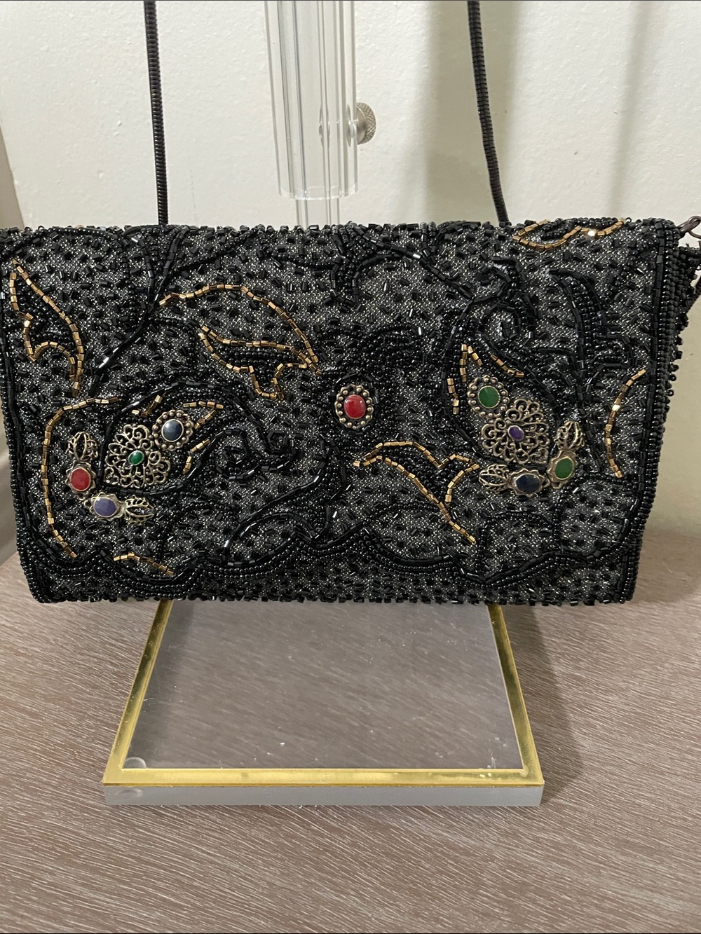 La Regale Black Beaded Crossbody with Multicolor Gem Accents